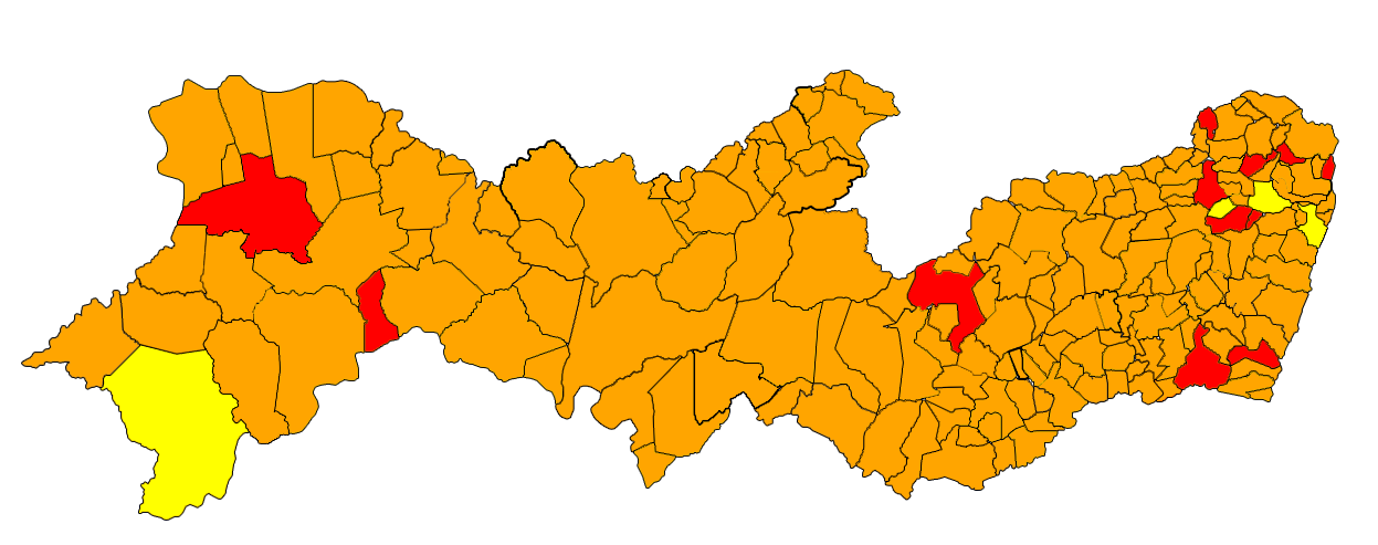 Mapa de pernambuco ilustrando os municipios de acordo com as cores referente a classificação